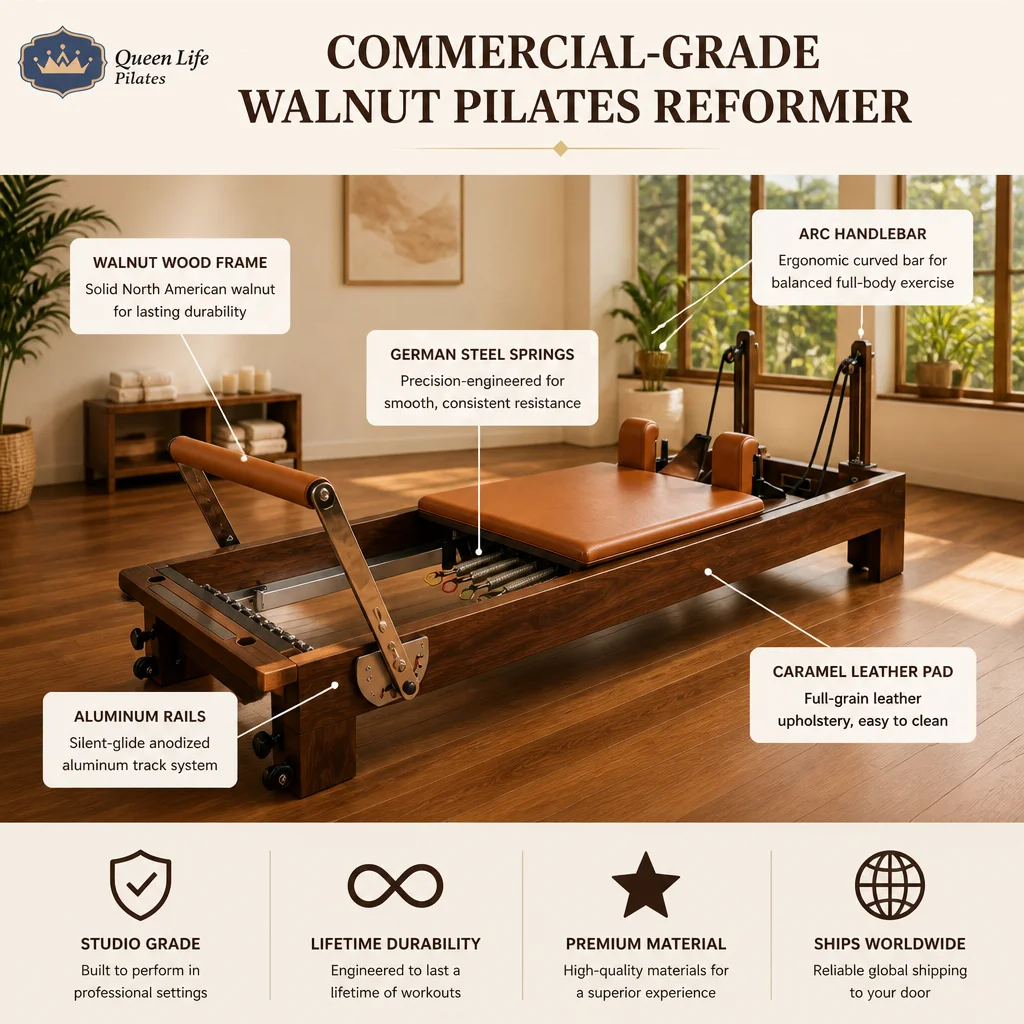 Commercial Grade Walnut Wood Pilates Reformer Equipment 5-pieces Set Solid Full Studio Package Machine for Yoga Studio