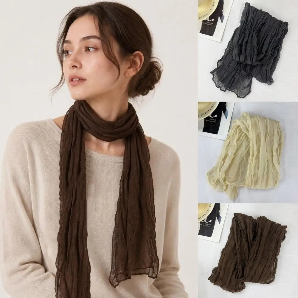 180*20cm Pleated Scarf Soft Long Length Thin Strip Shawl Versatile Decoration Lightweight Thermal Silk Scarf