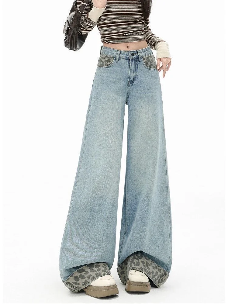 2026 Ropa Y2K Fashion Leopard Patchwork Washed Blue Baggy Women's Jeans Pants For Woman Clothing Wide Leg Casual Denim Trousers