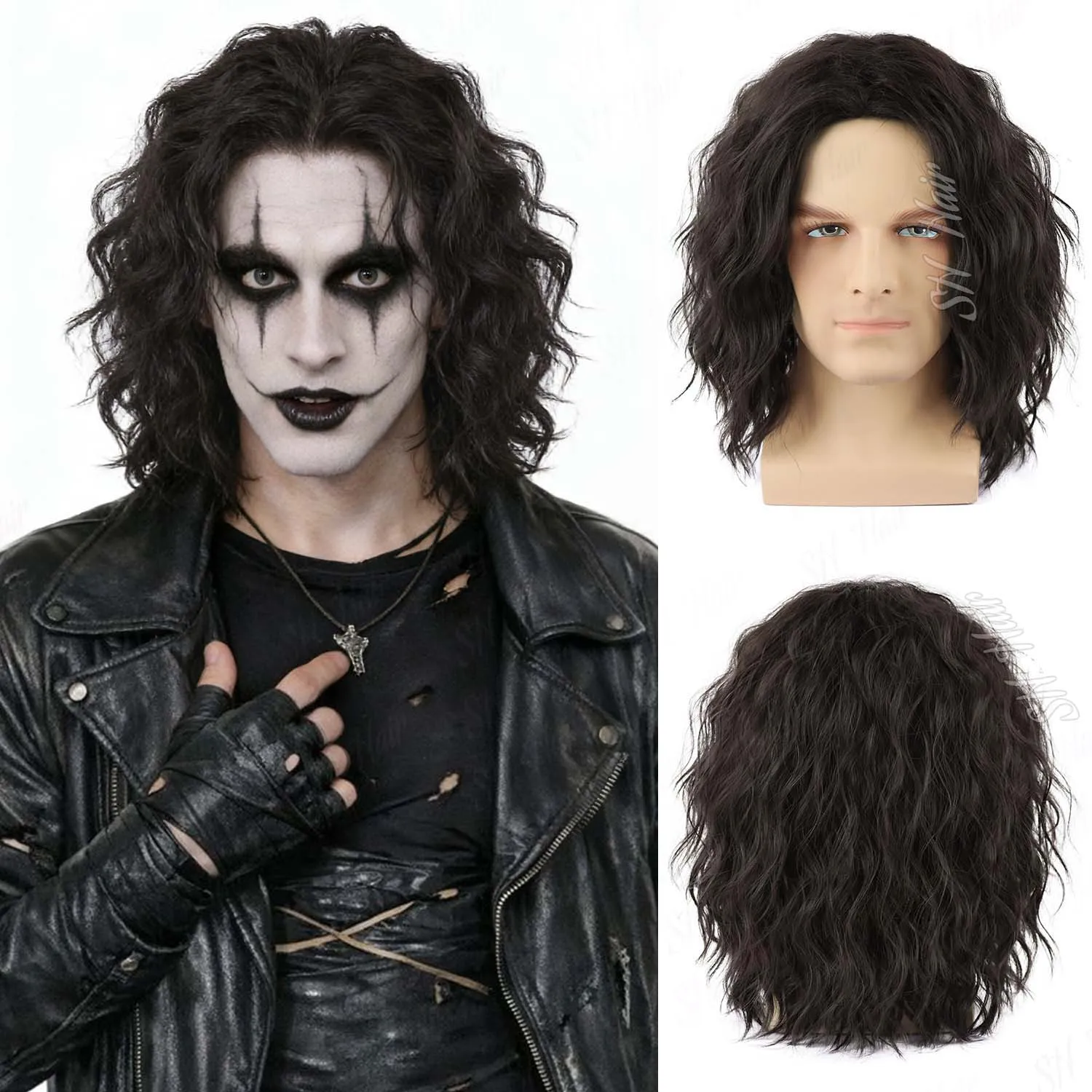 Sintético para Hombre, Color Negro | Peluca Rizada Marrón con Raya al Medio, Estilo Años 70 y 80, Peluca Divertida para Fiestas Retro, Halloween, Cosplay, Estilo Eric Draven | Peluca de Aragorn