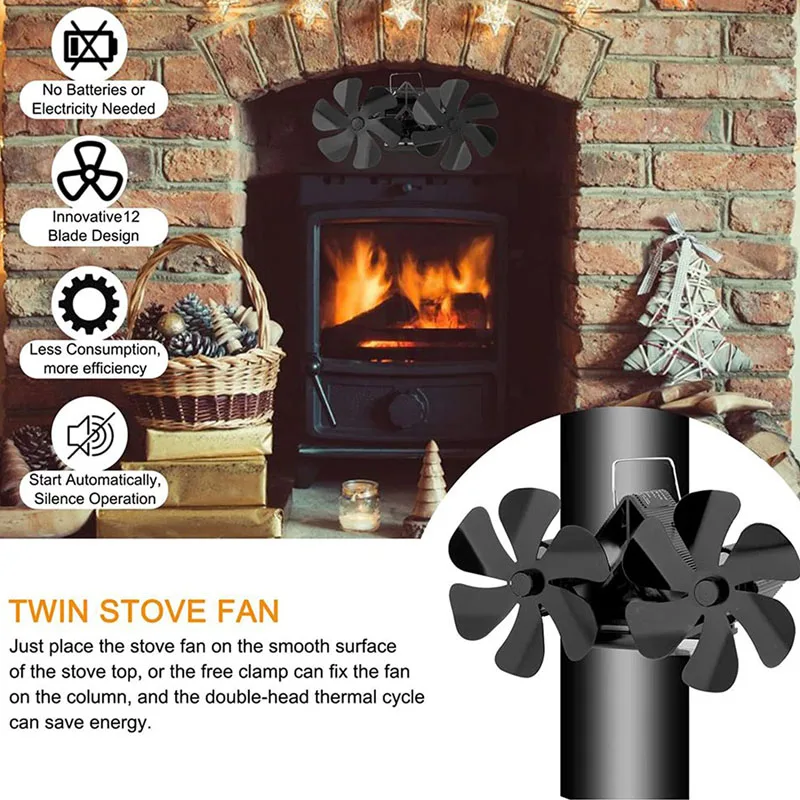 Newest Wood Stove Fan Heat Powered Fireplace Fan Double Head 12 Blades for Wood Log Burner Stove Pellet Stove Accessories