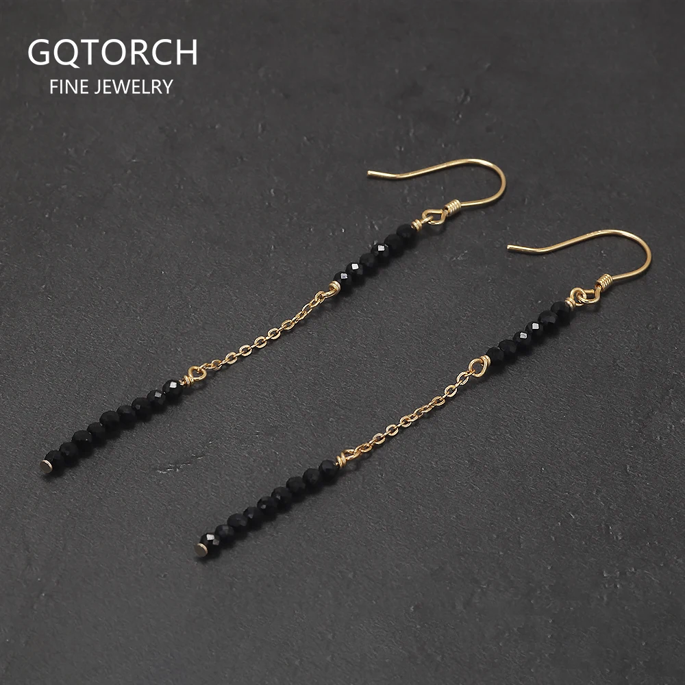 

925 Sterling Silver Black Crystal Long Tassel Dangle Earrings for Women Gold Plated Small Beads Drop Earrings Vintage Jewelry
