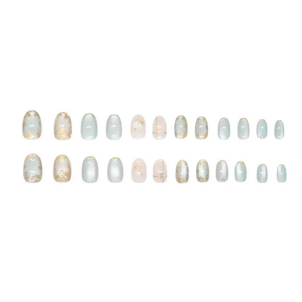 24pcs Oval False Nails Green Grape Cat Eye Gold Flower Pearls Fake Nials Detachable Sparkling Fragments Press on Nails Women