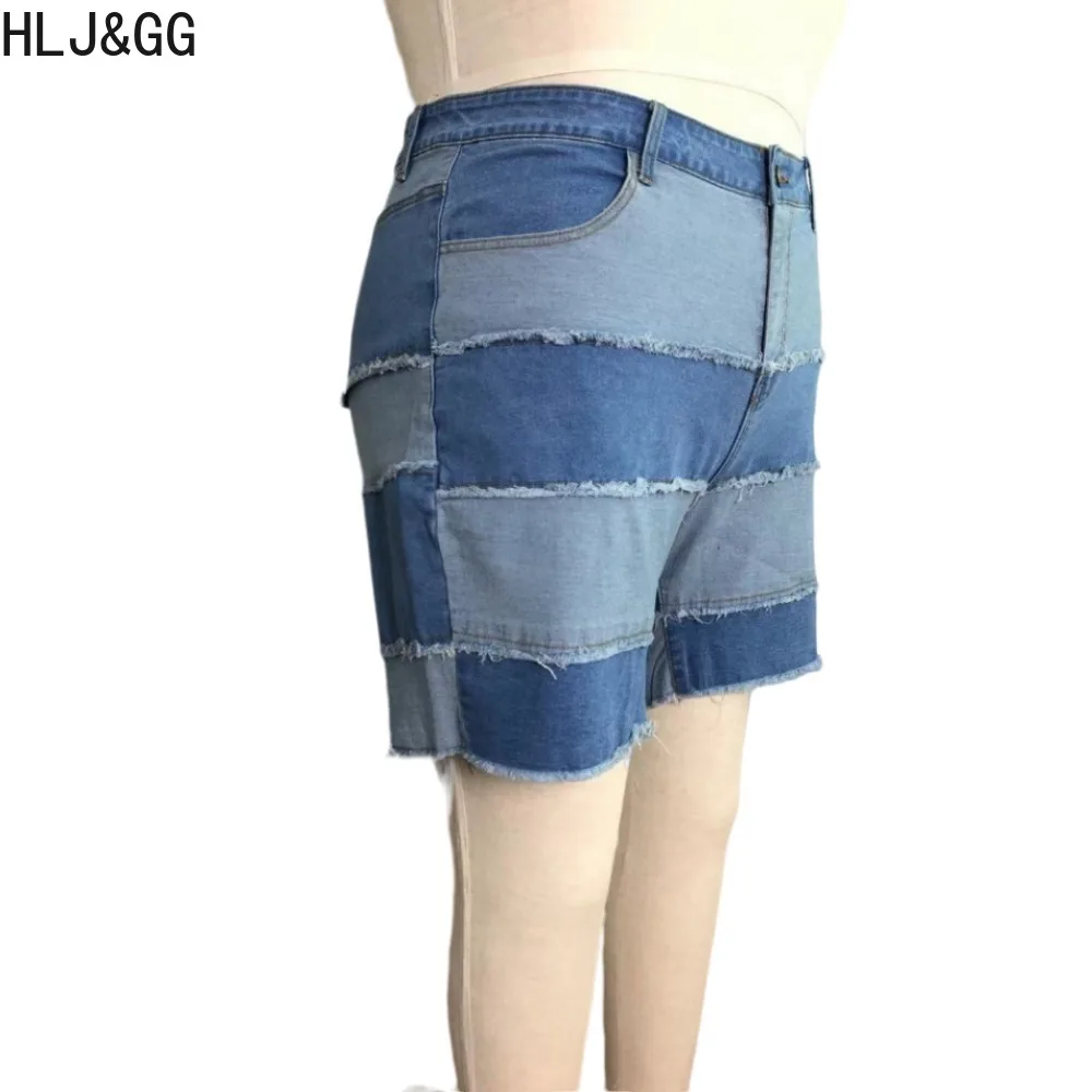 HLJ&GG Casual Plus Size Multi Layer Splicing Jean Shorts Women High Waist Button Pocket Denim Shorts Female Solid Cowboy Bottoms