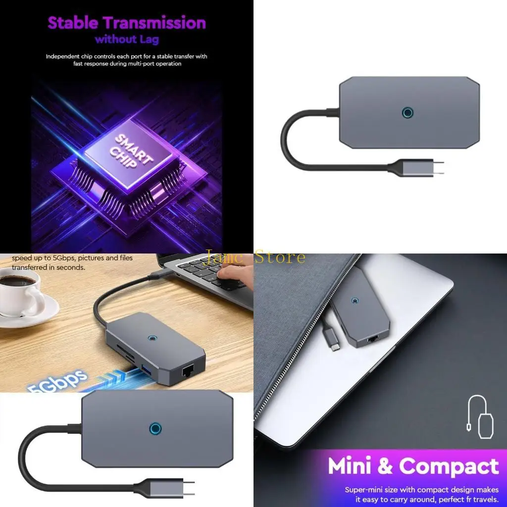 LX0B USB HUB TypeC Docking Station Enhances with 4K60hz Display PD100W 5Gbps Fast Data Transfer RJ45 1000M Card Slot