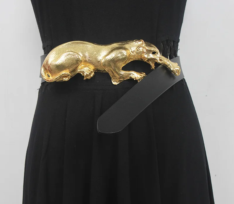 

Women's Fashion Black Genuine Leather Gold Leopard corset Female Cummerbund Coat Waistband Dress Decration Wide Belt