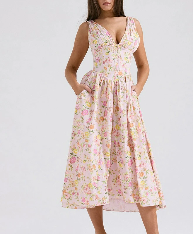

2025 Summer New Slim Fit Camisole Long Dress with Fashionable Print V-neck Temperament Dress