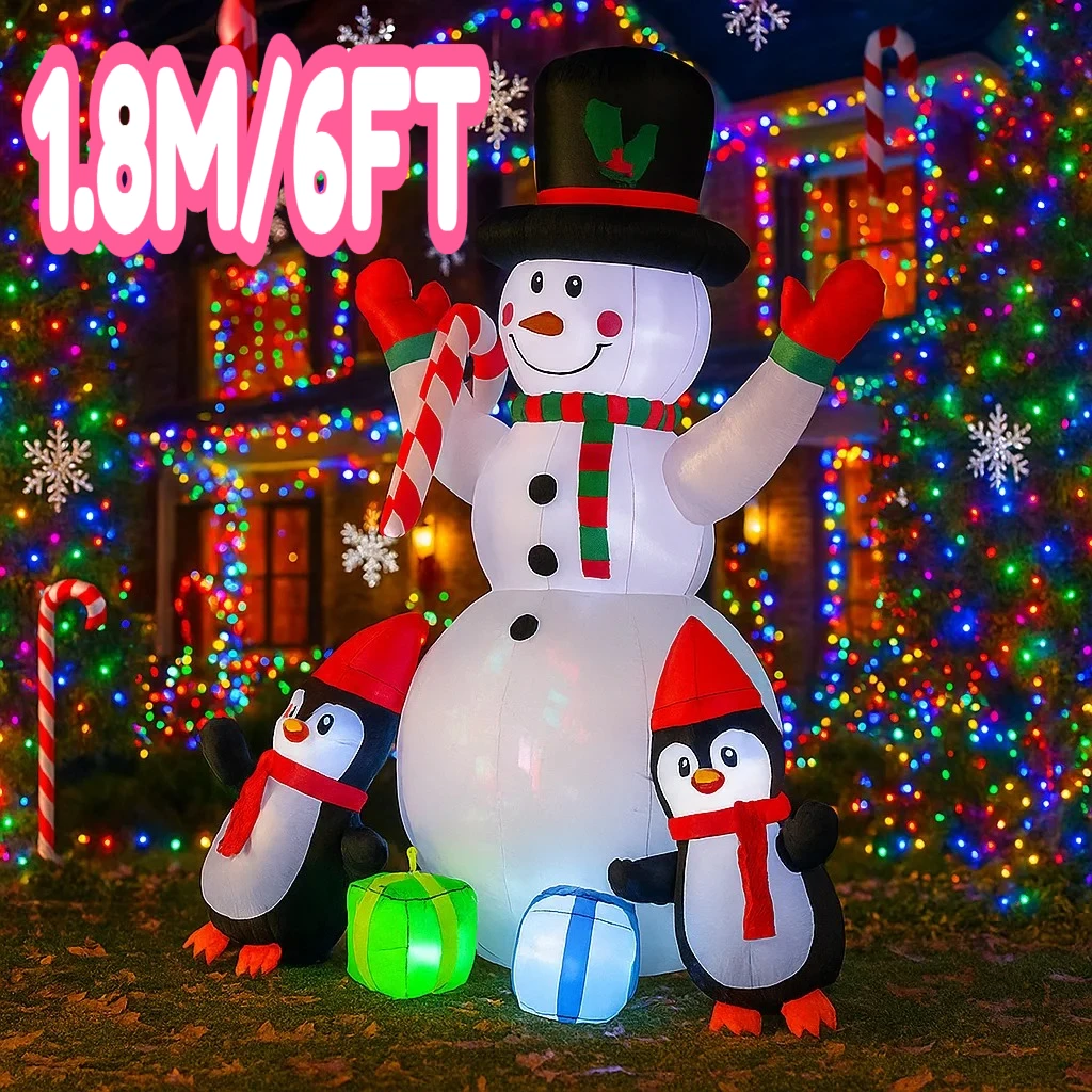 ของตกแต่งคริสต์มาสเป่าลมขนาด 1.8 เมตร/6 ฟุต รูปตุ๊กตาหิมะ เพนกวิน ไม้เท้าลูกกวาด สำหรับตกแต่งบ้านและสวน พร้อมไฟ LED ของเล่นตกแต่งคริสต์มาส