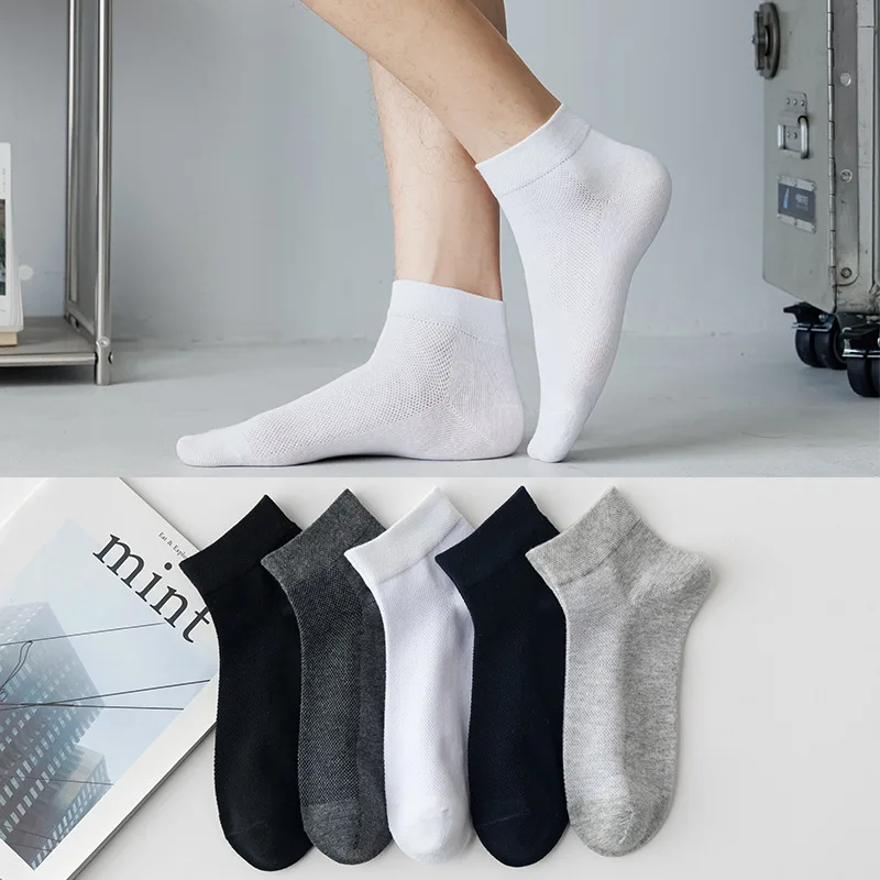 5 Pairs Hoge Kwaliteit Zomer Mannen Mesh Sokken Dunne Pure Kleur Eenvoudige Zweet-Absorberende Ademend Katoen Ondiepe Sokken eur 38-43