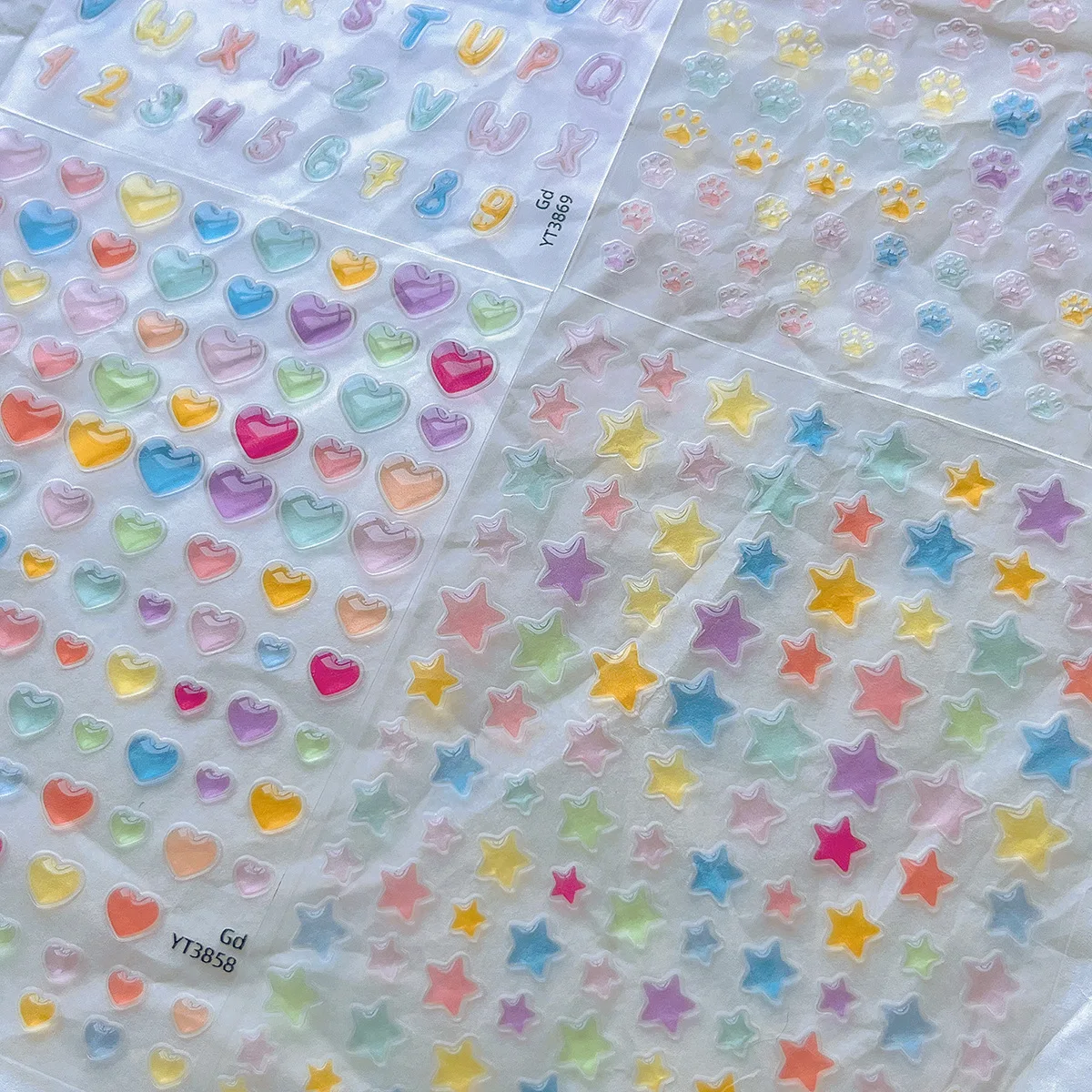 Adesivi per unghie color gelatina 3D stella a cinque punti/cuore/lettera decalcomanie per nail art colorato traslucido glitter effetto gel manicure fai da te