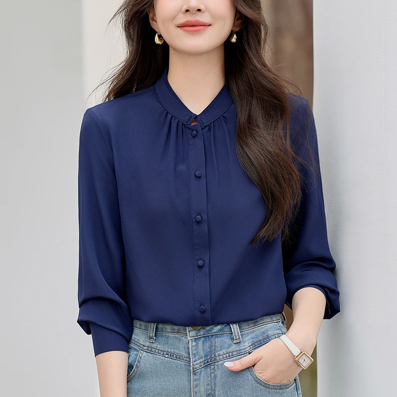 

Elegant Shirts Vintage Blouses for Women Long Sleeve 100% Real Silk Women's Solid Blouse Office Lady Shirt Loose Tops