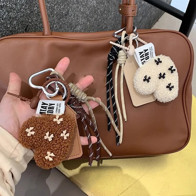 Korean Bow Love Plush Pendant Creative Weaving Rope Keychain Ins Style Vintage Keyring Fashion Bag Charms Key Accessories