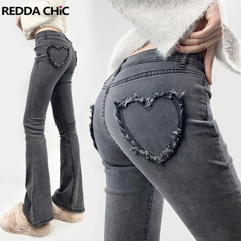 

REDDACHiC Heart-shaped Pockets Women Bell Bottoms Casual Plain Gray High Rise Slim Stretchy Flare Jeans Korean Retro Streetwear