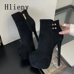 Hlieny Size 35-42 Fashion High Heels Ankle Boots Women Thick Platform Round Toe Boots Autumn Winter Ladies Zipper Shoes