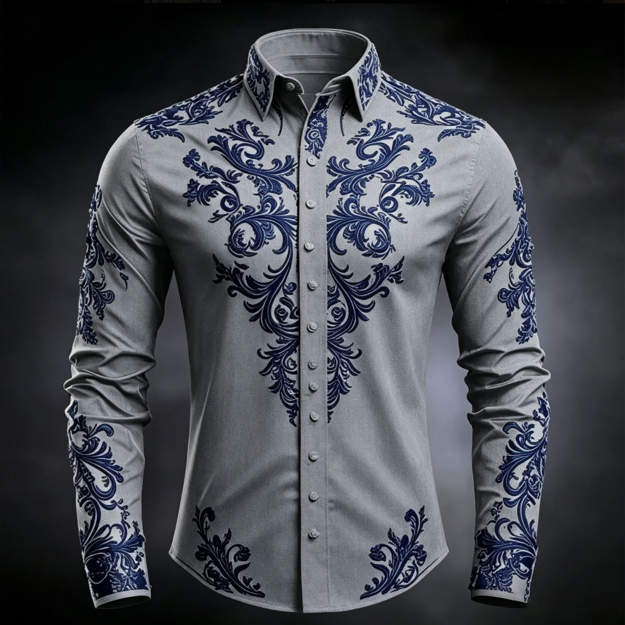 Men's Luxury Baroque Print White Satin Dress Shirt Long Sleeve Slim Fit Formal Business Party Button Down Shirt view 2