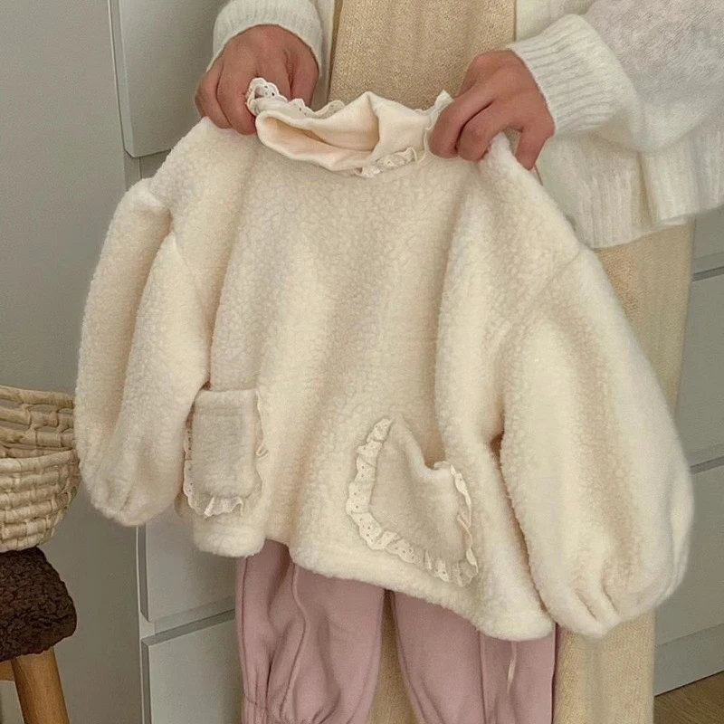 

Long Sleeve Loose Pullover Sweatershirt 1-6Y Children Versatile Tops Shirt Kids Girls Cute Fleece Hoodies Ruched Lace O-Neck
