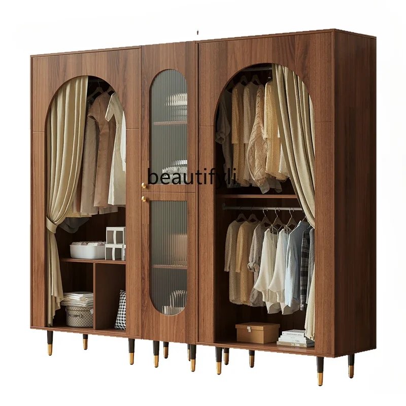 Wardrobe Home Bedroom Antique Style Solid Wood Storage Cabinet with Curtain Hanging Wardrobe