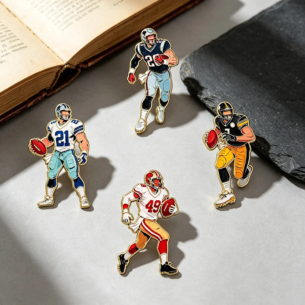 4Pcs American Football Player Enamel Pins Set, Sport Character Lapel Brooches, Decorative Badges for Jacket Backpack Fans Gift