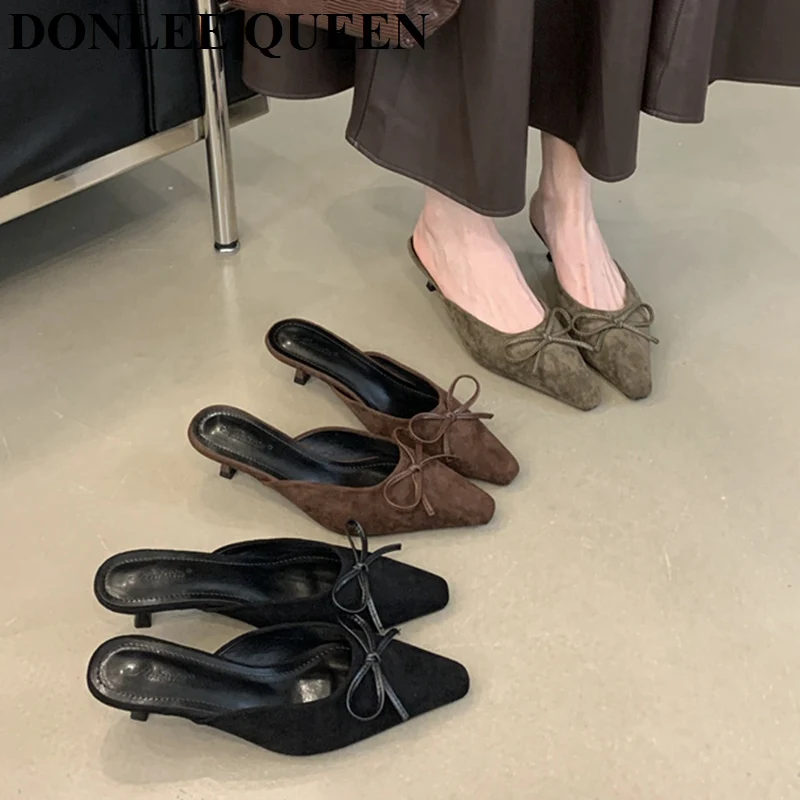 Fashion Mule Shoes Women Slippers Thin Heel Slide Casual Flip Flops 2024 Brand Ankle Strap Mary Jane Bow Knot Pumps Female Mujer