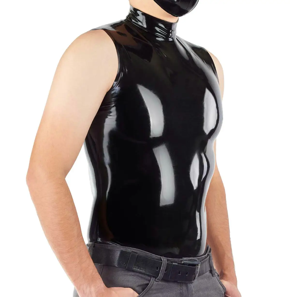 

Black Latex Men Vest Top Classic Shirt High Collar Sleeveless Costume Male Tops Rubber Clothes 100% Handmade