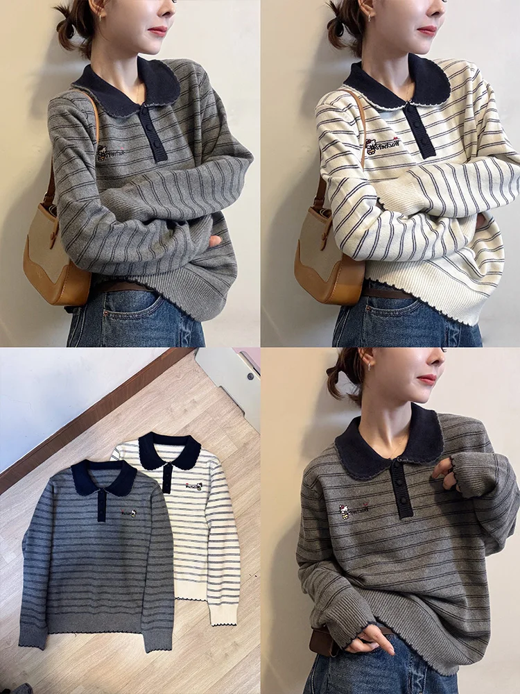 Maglieria coreana a righe con colletto a maniche lunghe da donna, maglione ampio e pigro, unico, per l'autunno inverno da indossare ogni giorno