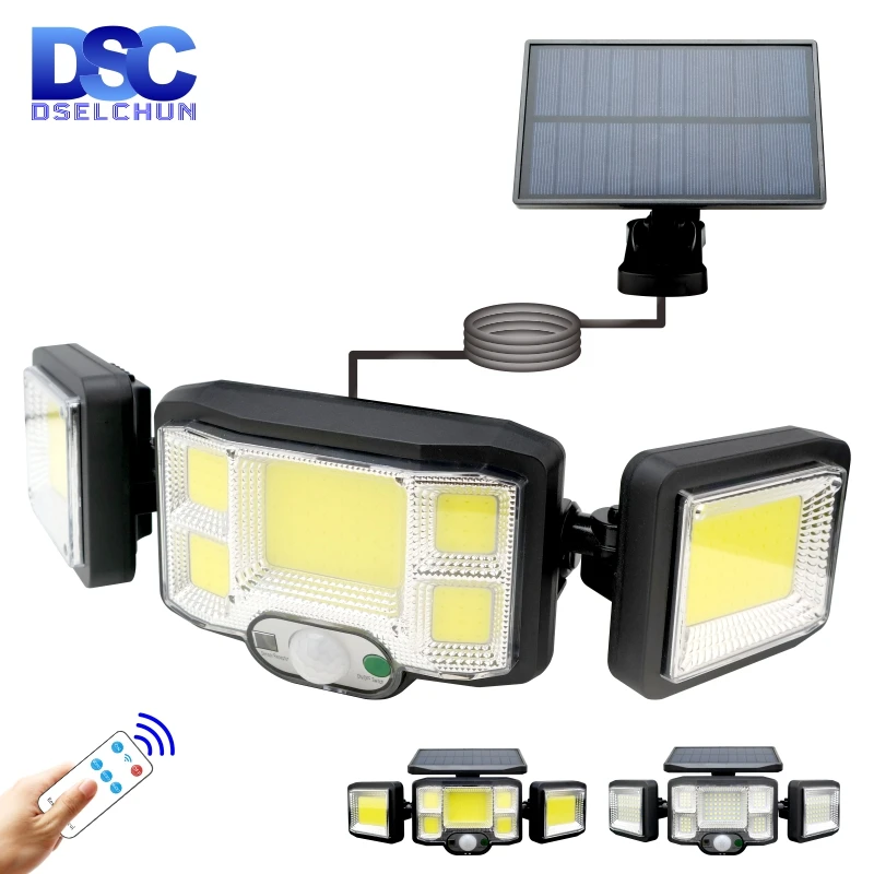 Luces LED solares para exteriores, lámpara de pared con 3 cabezales, COB 192, Sensor de movimiento, impermeable, 3 modos, con Control remoto, para