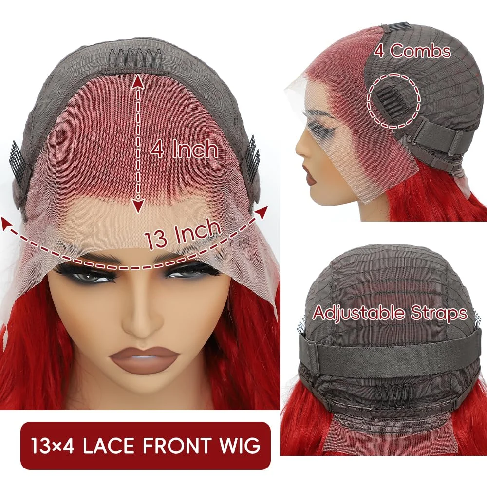 34インチ レッド カール 人毛ウィッグ 密度200% 13x4レースフロント カラーリング済み人毛ウィッグ ディープウェーブ ブラジリアンヘア 黒人女性向け