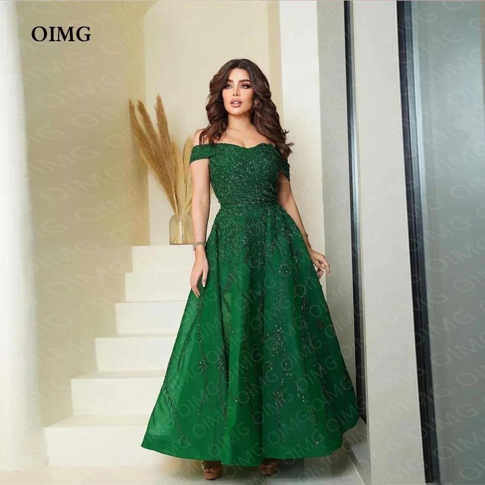 

OIMG Green Shiny Lace Sequins A Line Prom Dresses Off Shoulder Evening Gowns Formal Night Party 2022 Special Occasion Dress