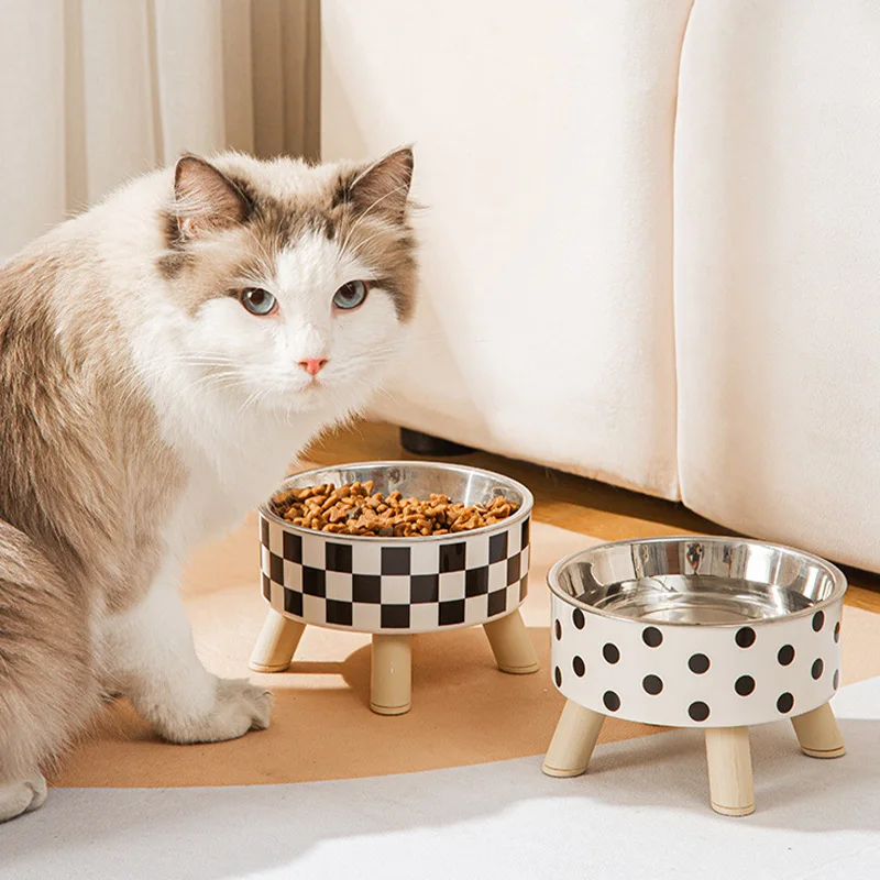 A Cat Bowl For Cats And Dogs, Simple Polka-dot Stainless Steel Pet Tall Bowl, Drinking Water, Anti-overturn Water Bowl, Food Bas