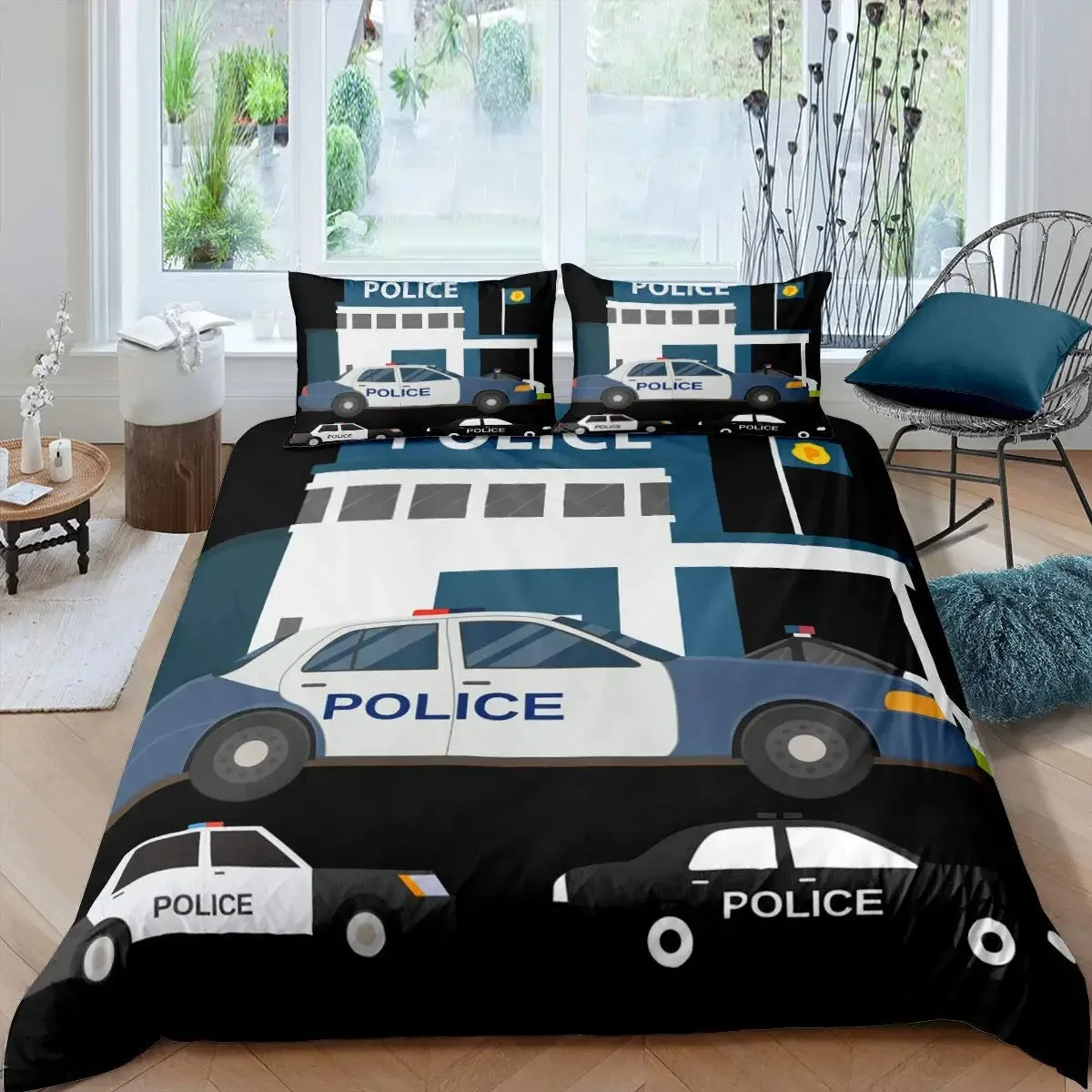 Police Car King Queen Duvet Cover Cartoon Car Bedding Set Kids Boys Blue Grey Emergency Responder Vehicles Polyester Quilt Cover