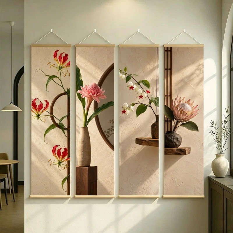 Wall Decor Porcelain Rose and Gloxinia, Natural Wabi-Sabi Botanical Silver Shimmer Canvas Hanging Scroll for Yoga Studio