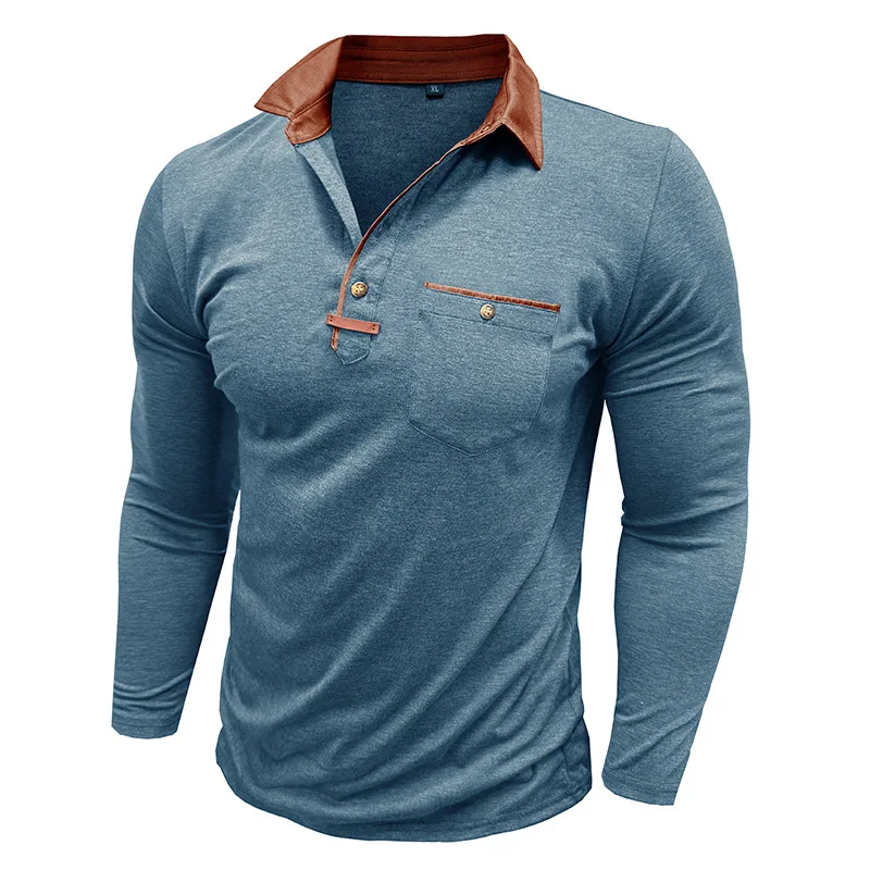 Langarm-Poloshirt für Herren, lässig, schmale Passform, Henley-Kragen, T-Shirt mit Tasche, Smart Blend Tops – Detail 3