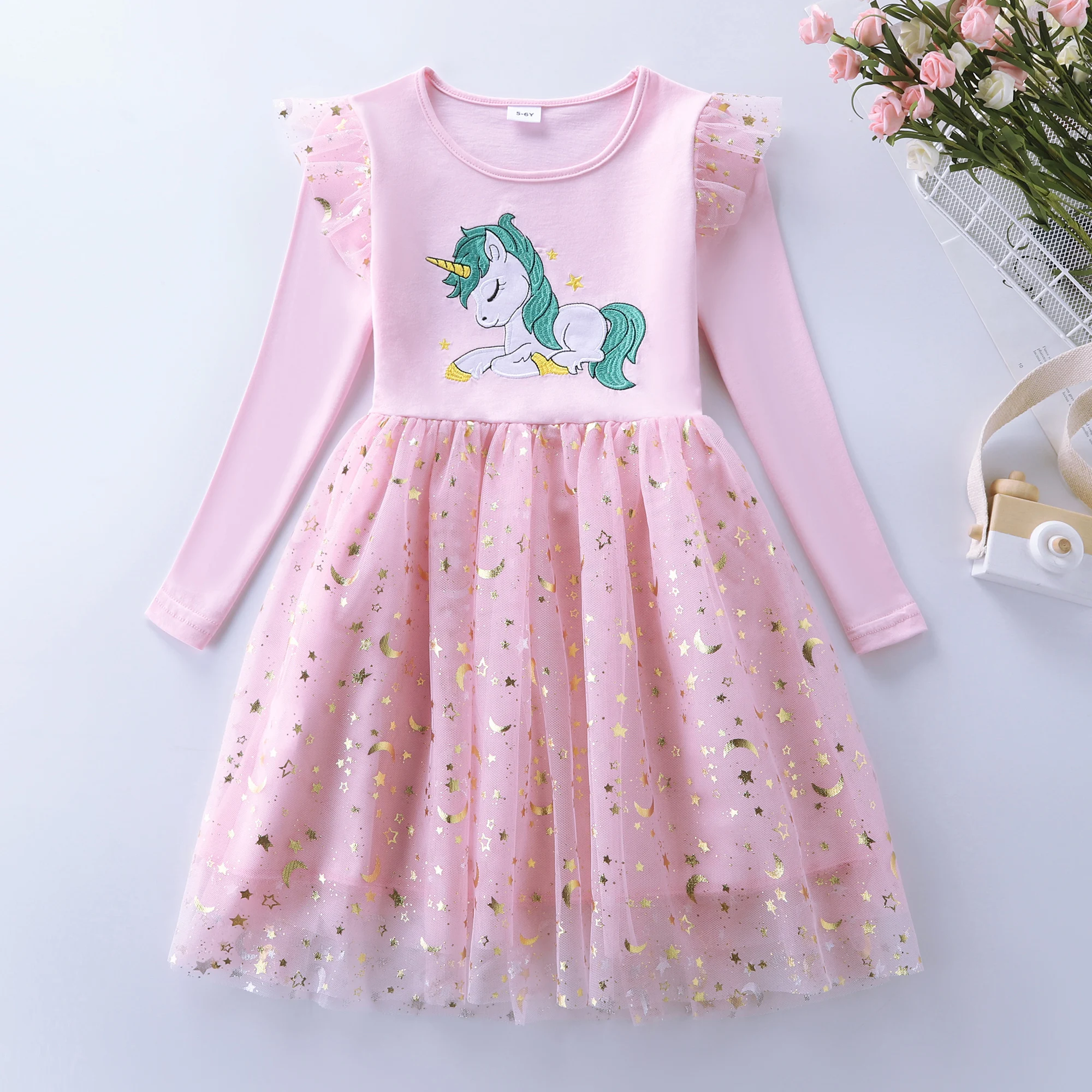 Girls\' Autumn New Cotton Embroidered Cartoon Unicorn Mesh Dress