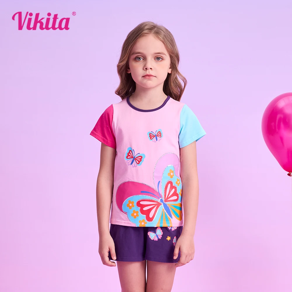 

VIKITA Girls Tops and Tees for Summer Kids Butterfly Print Cartoon T Shirts Girls O Neck Short Sleeve Cotton Casual Daily Tees