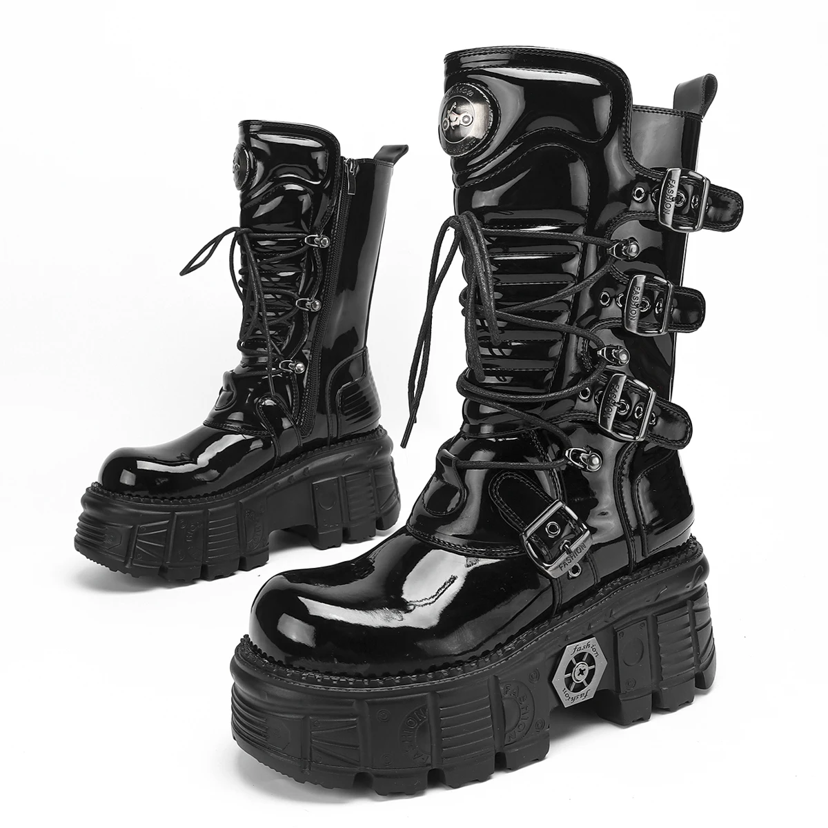 Dark Retro Thick-Soled Cyberpunk Tank Motorcycle Super Hot Patent Leather Mid-Calf Boots