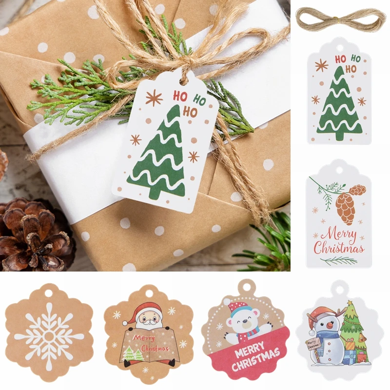 100pcs Merry Christmas Tags Paper Card Gift Label Gift Wrapping Decor Xmas Tree DIY Hang Tags Christmas New Year Favors Supplies