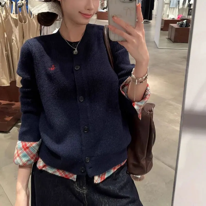 Vintage Plaid Patchwork Sweaters Female Clothing Korean Fake Two Pieces Autumn Winter Fashion Embroidery Loose Knitted Jumpers