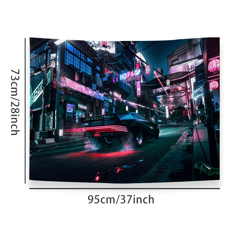 Cyberpunk City Tapestry with Neon Lights and Futuristic Car for a Vibrant Home Decor