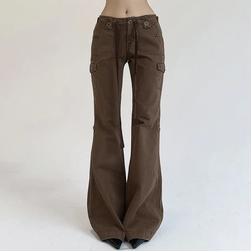 Lace Up Slimming Denim Pants for Women Street Brown Workwear Flared Pants