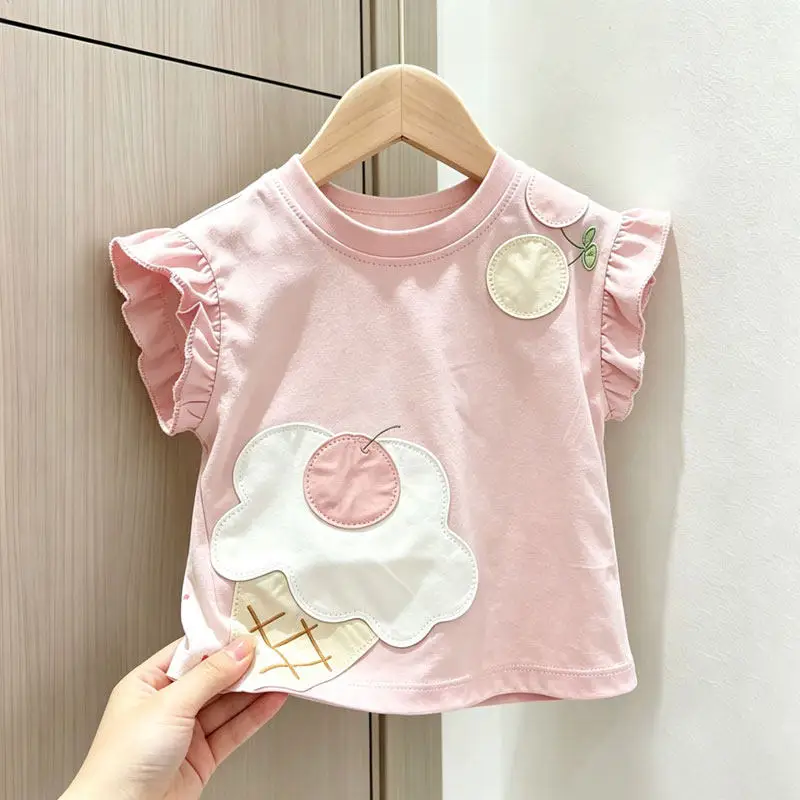 Girls Cotton Short Sleeve T Shirt Summer New Baby Girl Stylish Cartoon Patch Sweet Versatile Round Neck Top