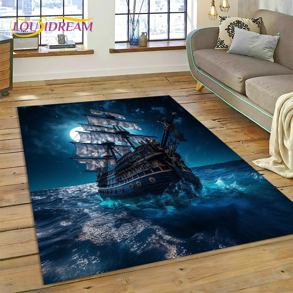 Ancient Pirate Ship Boat,Barque,Sailboa Rug Carpet for Living Room Bedroom Decor,Floor Mat Non-slip Decoration for Sofa Doormat