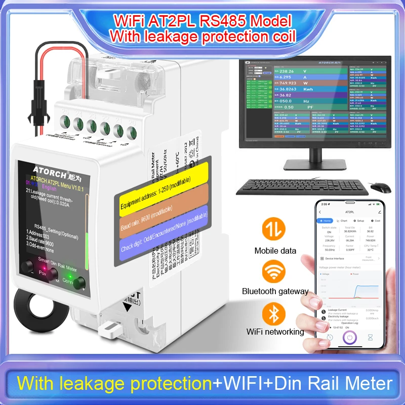 AC220V 100A RS485 Din Rail Smart Energy Meter WIFI Remote Control Leakage protection switch Power Consumption Monitor Wattmeter