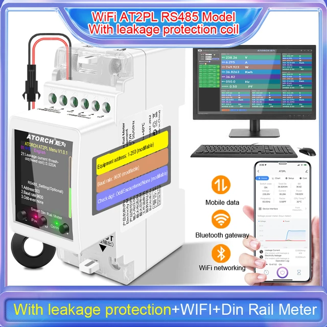 Compteur d'énergie intelligent sur rail DIN, Wi-Fi, télécommande, interrupteur de protection contre les fuites, moniteur de consommation d'énergie, wattmètre, AC 220V, 100A, RS485 1