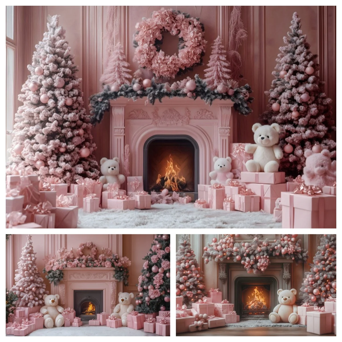 Pink Christmas Photography Backgrounds Retro Wall Teddy Bear Fireplace Xmas Tree Gift Kids Portrait Family Party Decor Backdrops