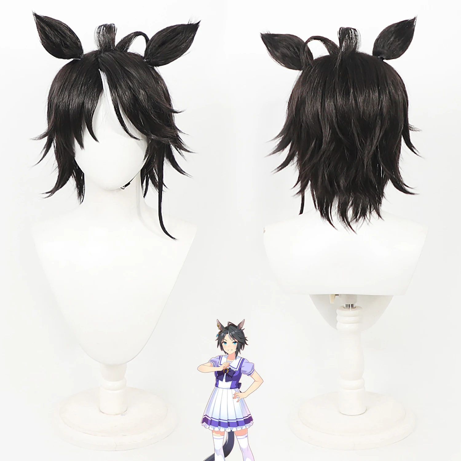 Fuji Kiseki Uma Musume Cos Wig Black Layered Short Hair Heat‑Resistant Synthetic Wig Horse Ears Clip‑on Ponytail Cosplay Party