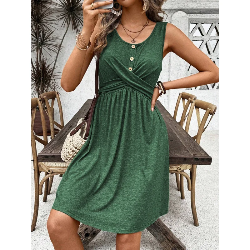 

YQ1-Waist-Cinching Slimming Niche Sleeveless Dress Summer New Solid Color Versatile Elegant Dress