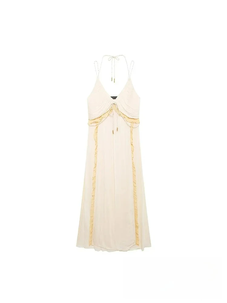 KONDALA-vestido Sexy elegante para mujer, camisola con cuello en V, cuello Halter, lazo, volantes, con cordones, vestido largo recto, nueva moda 2024, vestido de noche para discoteca