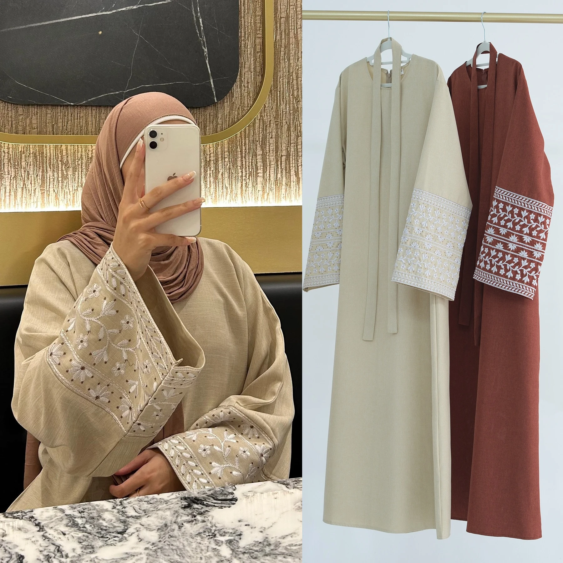 

New Arrival Fashion Muslim Abaya Islamic Arab Turkey Muslim Women Linen Open Abaya Solid Color Embroidered Modest Abaya Women