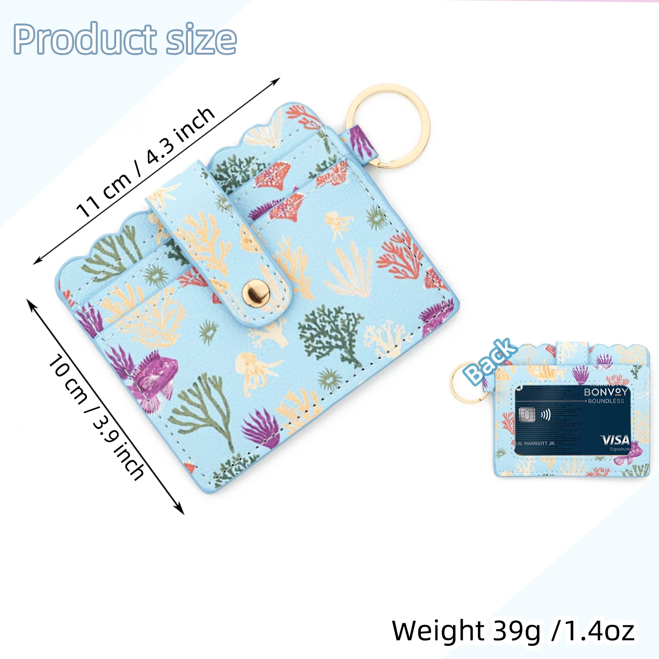 Ladies' small wallet with ocean jellyfish mushroom print leather, can be used with silicone bead keychain, leather card bag