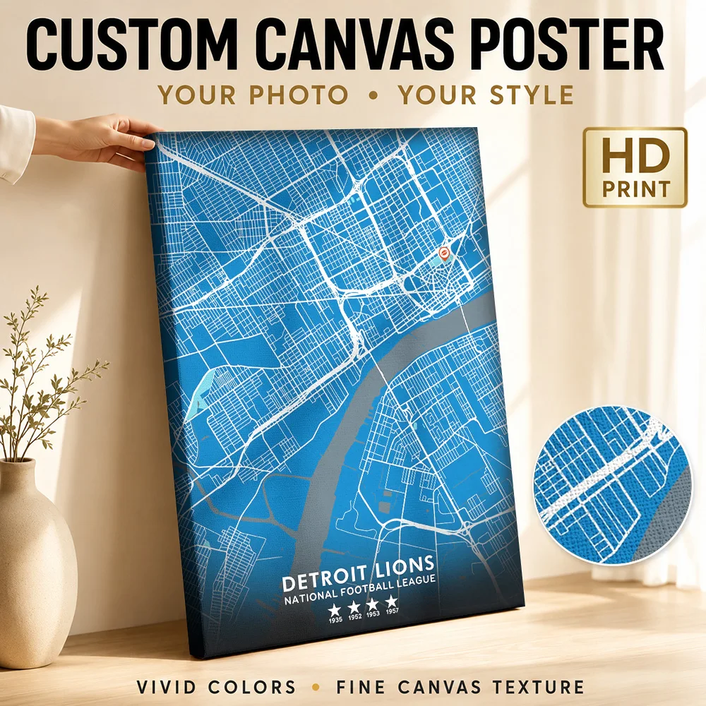 Detroit Lions City Map Blueprint Canvas Painting Poster Bold Style Wall Art With Personalized Photo For Study Ideal Coach Gift